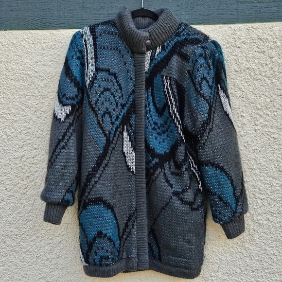 Vintage Jackets & Blazers - vintage 80s G-4000 abstract sweater coat blue gray green black white medium